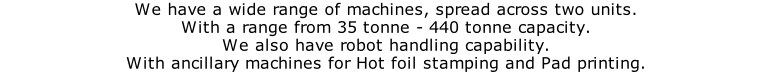 We have a wide range of machines, spread across two units. With a range from 35 tonne - 440 tonne capacity. We also have robot handling capability. With ancillary machines for Hot foil stamping and Pad printing.